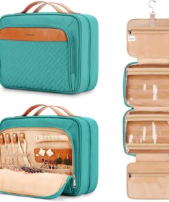 Travel Hanging Toiletry Bag for Women, Cruise Ship Essentials, with Jewelry Organizer, Extra Large Makeup Dopp Kit, Waterproof Cosmetic Bags, Toiletries Kit Set with Trolley Belt, Blue