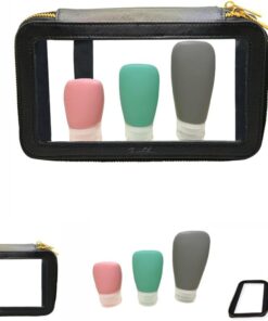 Travel Makeup Bag Clear Make up Bag TSA Approved Toiletry Bag 3 Silicone Travel Bottles Clear Cosmetic bags Waterproof Travel Case with Double Gold Zippers for Women