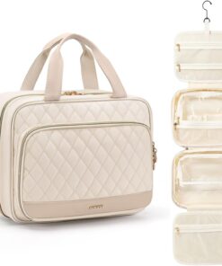 Travel Toiletry Makeup Bag for Women Hanging Toiletry Bag Cosmetic Organizer Make up Bags for Women Travel Essentials (Beige)