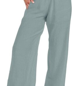 Women’s Summer Casual Pants Drawstring Elastic High Waist Pant Boho Wide Leg Pants Hiking Pant with Pockets