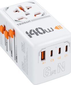 140W GaN Universal Travel Adapter, TESSAN International Plug Adaptor with 1 USB A and 3 USB C Charging Ports, Worldwide Power Outlet for US to Europe UK AUS Ireland(Type C/G/A/I)