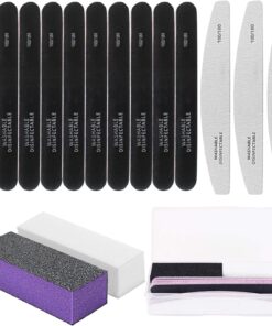 15PCS Nail Files and Buffer Kit with Storage Box,Professional Manicure Tool Kit Nail Care Buffer Block Reusable Black White Emery Board for Nature Acrylic Gel Nails Home Salon Travel Use,100/180 Grit