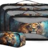 4 Set Packing Cubes for Suitcases, Travel Essentials for Carry on Luggage, Savannah Lion Suitcase Organizers for Clothes Shoes Toiletries Travel Accessories in 4 Sizes – Watercolor Lion
