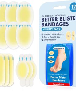 Dr. Frederick’s Original Better Blister Bandages – 12ct – Water Resistant – 25% More Cushioning – Hydrocolloid Bandages for Foot, Toe, & Heel – Blister Pads for Prevention & Recovery – Variety Pack