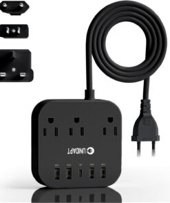 European Plug Adapter, Unidapt US to UK Europe Power Strip for EU/UK/US with USB C and 4 USB Ports, 3 AC Outlets, Wall Mountable, 5ft Extension Cord, for Travel Cruise Ship Home (Black)