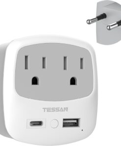 European Travel Plug Adapter, TESSAN Type C Travel Adaptor with 2 Electrical Outlets 2 USB Ports (1 USB C), EU Power Adapter Charger for US to Most of Europe Iceland Spain Italy France Germany
