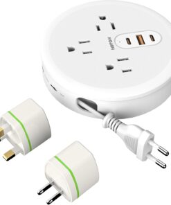 European Travel Plug Adapter with 4Ft Retractable Extension Cord, EU/UK/US Power Strip with 3 Outlets 3 USB Ports (2 USB C), International Universal Plug Adapter for Cruise Travel Dorm, White