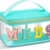 Geetery Chenille Letter Bag Nylon Makeup Bag Portable Bag Makeup Cases Preppy Patch Makeup Bag with Zipper Cosmetic Toiletry Storage Bag for Women(Green,Elegant Meds)