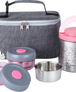 Lille Home Portable Insulated Lunch Box Set with Stainless Steel Cutlery, vacuum lunch box, to Keep Food Warm or Cool, Two Containers for Fruits and Sauces, Durable and Leak-Proof(Pink)