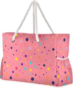 Memphis Style Polka Dots Pattern Sandproof Womens Travel Tote with side pocketes Bag Carry On Travel Essentials Beach Gifts Birthday Gifts for Women
