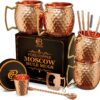 Moscow Mule Copper Mugs | Set of 4 Hammered Cups | 100% Handcrafted Pure Solid Copper | Gift Set with Cocktail Straws | Shot Glass | Coasters | Copper Stirrer & Beer Opener by Copper-Bar