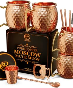 Moscow Mule Copper Mugs | Set of 4 Hammered Cups | 100% Handcrafted Pure Solid Copper | Gift Set with Cocktail Straws | Shot Glass | Coasters | Copper Stirrer & Beer Opener by Copper-Bar