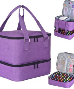 Nail Polish Organizer Case – Holds 42+ Bottles (15ml/0.5 fl.oz) and 1 Nail Lamp, Upgraded Double-layer Nail Polish Carrying Case Nail Polish Storage Bag with Handles (Purple-42 Bottles)