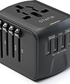 STATIK GloboCharge 12W Universal Travel Adapter Worldwide – International Power Adapter Plug Europe, UK, USA, Australia Slide Outlets, Universal Power Adapter Travel 200 Countries, 4 USB-A Ports