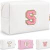 Small Travel Initial Preppy Makeup Bag, White Cute Cosmetic Organizer Toiletry Zipper Pouch Make Up Bag for Purse, Waterproof Chenille Letter Makeup Storage Personalized Gift for Sister Mom(Letter S)