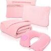 Travel Blanket and Pillow Set – Portable Inflatable Travel Neck Pillow and Premium Soft Airplane Blanket with Built-in Soft Bag, Neck Snaps, Zippered Pouch, and Hand Luggage Strap, 70″ x 40″ (Pink)