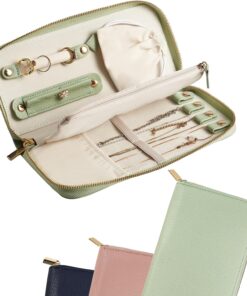 Travel Jewelry Organizer Case – for Tangle-Free Necklaces, Earrings, Rings, Bracelets Storage, Travel Essentials, Fashion Portable Jewelry Travel bags for Women – Medium Macaron Green