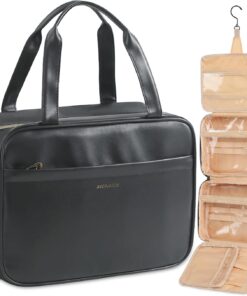 Travel Toiletry Bag with Detachable Compartment 9.5L Leather Travel Toiletries Bag for Women Makeup Organizer Travel Essentials Cosmetic Bag, Black
