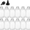 2 Ounce Boston Round Bottles, PET Plastic Empty Refillable BPA-Free, with Black Twist Top Caps (Pack of 12) (Clear)