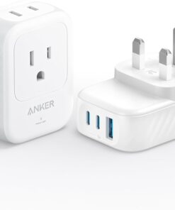2 Pack USA International Plug Adapter, Anker Travel Adapter, 15W Max with 2 AC, 2 USB-C, and 1 USB-A Port, Ideal for iPhone 15, iPad Air, and More, Compact for Travel, Cruise (TUV Listed) (Type G-UK)