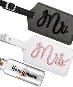 2 Pieces Mr and Mrs Luggage Tags Bridal Luggage Tags Wedding Luggage Tag with Honeymoon Sand Keepsake Jar Glass Bottle with Cork for Honeymoon Gifts Bridal Shower (Sweet Patterns)