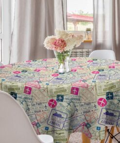 Ambesonne Travel Round Tablecloth, Passport and Visa Stamps Illustration of Toronto Hong Kong Berlin Print, Circle Table Cloth Cover for Dining Room Kitchen Decoration, 60″, Eggshell and Pink