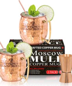 Benicci Moscow Mule Copper Mugs – Set of 2, 100% Handcrafted – Food Safe Pure Solid Copper Mugs – 16 oz Gift Set with Premium Quality Cocktail Copper Straws, Straw Cleaning Brush and Jigger!