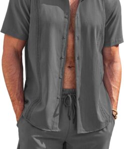COOFANDY Men’s 2 Piece Short Set Cuban Guayabera Shirts Short Sleeve Casual Beach Outfits Set