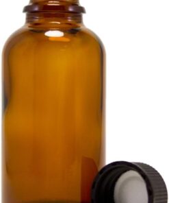 GreenHealth Pack of 4-1oz Amber Glass Bottles for Essential Oils – Mini Boston Round Bottles with Lids – Black Plastic Cap