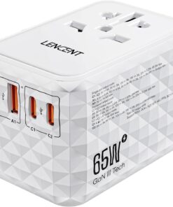 LENCENT 65W Universal Travel Adapter, GaN International Fast Charger 2 USB-A & 2 USB-C Power Plug Converter, Power Outlet Adapter for Phones,Laptops, All in One Travel Essentials for EU/USA/UK/AU