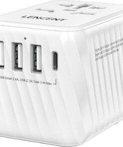 LENCENT Universal Travel Power Adapter, International AC Plug Adaptor with 3 USB A Ports 1 Type C PD Wall Charger Worldwide Travel Essentials for US to EU UK Ireland Australia (Type C/G/A/I) White