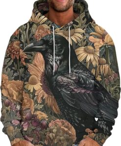 Mens Stylish Ravens Pullover Hooded Tops Punk Floral Print Streetwear Novelty Hoodie Hip Hop Hoodies Sweatshirt