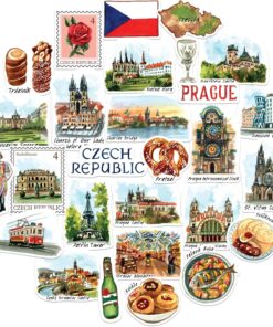 Navy Peony Charming Czech Republic Travel Stickers (28pcs) – Watercolor, Prague, Czechia-Themed Vacation Decals for Journals, Scrapbooks, Luggage