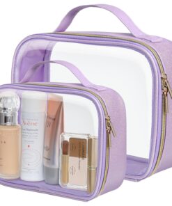 PACKISM TSA Approved Toiletry Bag – Glitter Textured Clear Travel Bag, Personalized and Fashion, with 180° Large Opening and Supporting Frame, Perfect for Travel Essentials, Thick No Smell, Purple