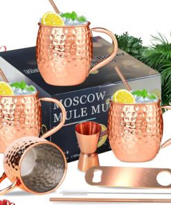 SuproBarware Moscow Mule Copper Mugs Moscow Mule Cups Kit 19oz Set of 4 with Handle Large Copper Hammered Plating Cups with 0.5oz Double Jigger, Stainless Steel Straws for Cold Drinks Cocktails Wine