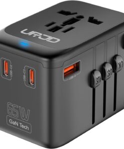 Universal Travel Adapter – GaN 65W Fast Charger – 3 USB C & 1 USB A Ports & AC Outlets International Power Adapter – High Power Worldwide Travel Plug Adaptor for Europe UK US AUS (Type C/G/A/I)