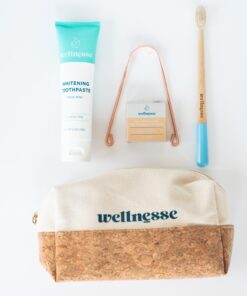 Wellnesse Essential Travel Oral Care Set – Compact Toothbrush Kit with Hydroxyapatite Toothpaste – Adult Toothbrush with Copper Tongue Scraper – Eco-Friendly Cork – Cotton Travel Pouch – Mint Flavor