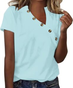 Women’s Summer Solid V-Neck Short Sleeve Shirts Plus Size Vintage Button Tunics T-Shirt Casual Blouse Tops