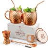 Moscow Mule Copper Mugs | Set of 2 Hammered Cups | 100% Handcrafted Pure Solid Copper | Gift Set with Cocktail Straws | Shot Glass | Coasters | Copper Stirrer & Beer Opener by Copper-Bar