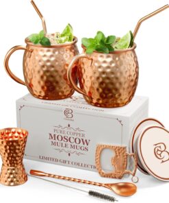 Moscow Mule Copper Mugs | Set of 2 Hammered Cups | 100% Handcrafted Pure Solid Copper | Gift Set with Cocktail Straws | Shot Glass | Coasters | Copper Stirrer & Beer Opener by Copper-Bar