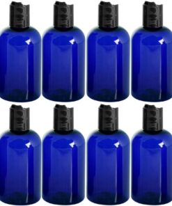 2 Ounce Boston Round Bottles, PET Plastic Empty Fillable BPA-Free, with Black Press Down Disc Caps (Pack of 12) (Blue)