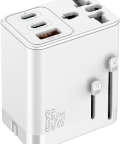 65W Universal Travel Adapter, GaN International Plug Adapter AC 100-250V Worldwide Travel Essentials USB C Power Adapter with 2 USB C 1 USB A Port Charger Block for US UK AUS EU