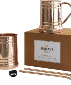 Artisan’s Anvil Moscow Mule Mugs Beer Stein Set of 4 + Copper Straws + Bottle Opener Four Solid 18 oz Copper Mugs Gift Set – 100% Pure Copper Unique Tankard Look – Handmade Unlined Copper Cups