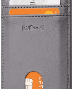 Buffway Mens Slim Wallet, Minimalist Thin Front Pocket Leather Credit Card Holder with RFID Blocking for Work Travel