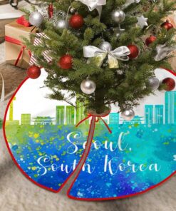 Christmas Tree Skirt 36″x36″ South Korea Seoul Merry Christmas Tree Skirts Travel Souvenir Heroes Series Soft Tree Cover Mat for Christmas Tree Holiday Decorations