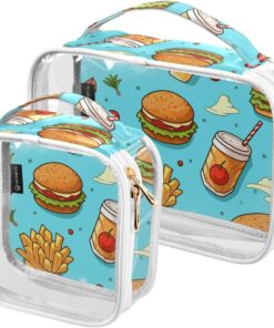 Creative Cartoon Hamburg 2pcs Clear Makeup Cosmetic Toiletry Bags for PVC Waterproof Portable Travel Storage Carry Pouch Women Men Travel Essentials with Gold Zippers Handbag