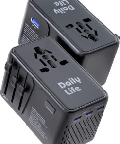 DAILYLIFE 220V to 110V Converter, Travel Adapter US to Europe – Power Converter Adapter Combo with 3 USB C and 1 USB A for US/UK/EU/AU, (1 Pack) – Black