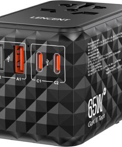 LENCENT 65W Universal Travel Adapter, GaN International Fast Charger 2 USB-A & 2 USB-C Power Plug Converter, Power Outlet Adapter for Phones,Laptops, All in One Travel Essentials for EU/USA/UK/AU