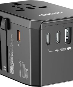 LENCENT 70W Universal Travel Adapter, GaN International Fast Charger with 3 PD3.0 Type C+2 QC USB A, Worldwide Power Adapter for Phones,Laptops, All in One Travel Essentials for EU/USA/UK/AU