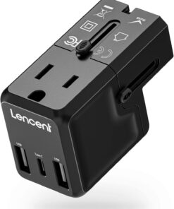 LENCENT International Travel Power Adapter,Mini All-in-One Charger, 2.4A USB, 3.0A Type-C Wall Charger, European Plug Adaptor, Universal Outlet Converter, for US to UK, Japan, EU Europe, Type A/I/G/C